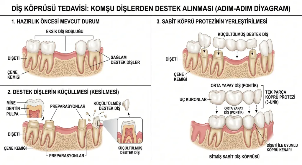 İmplant mı Köprü mü Daha İyi? Avantajlar, Farklar ve Doğru Seçim 1 Köprü tedavisinde komşu dişlerden destek alınması
