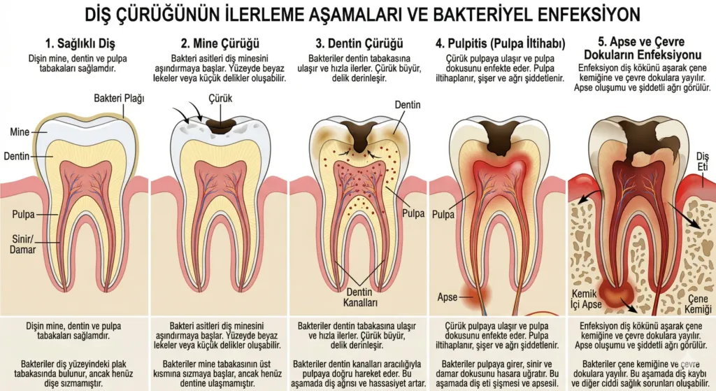 İltihaplı Dişe Dolgu Yapılır mı? Ne Zaman Mümkün? 1 diş anatomisi ve çürük ilerleme